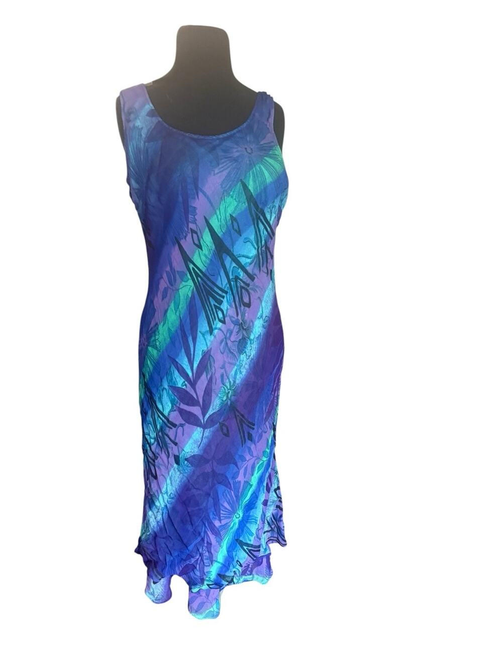 Vtg Phool Blue Purple Tropical Asymmetric Maxi Slip Dress Sz L FairyMermaid Boho